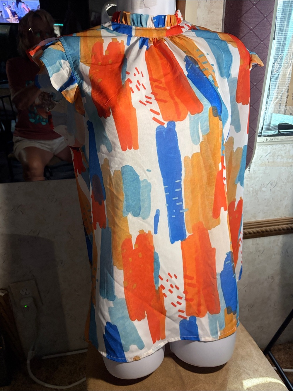 Ruffle-Neck Brushstroke Print Blouse in Orange, Blue & Cream